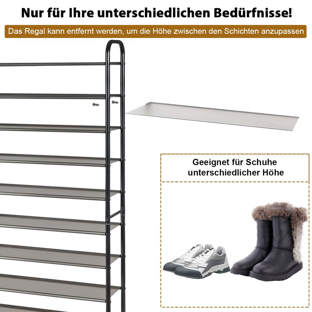 Schuhregal Mit 10 Ebenen & Abnehmbarem Regal & Metallrahmen Platzsparende Schuhablage Schwarz