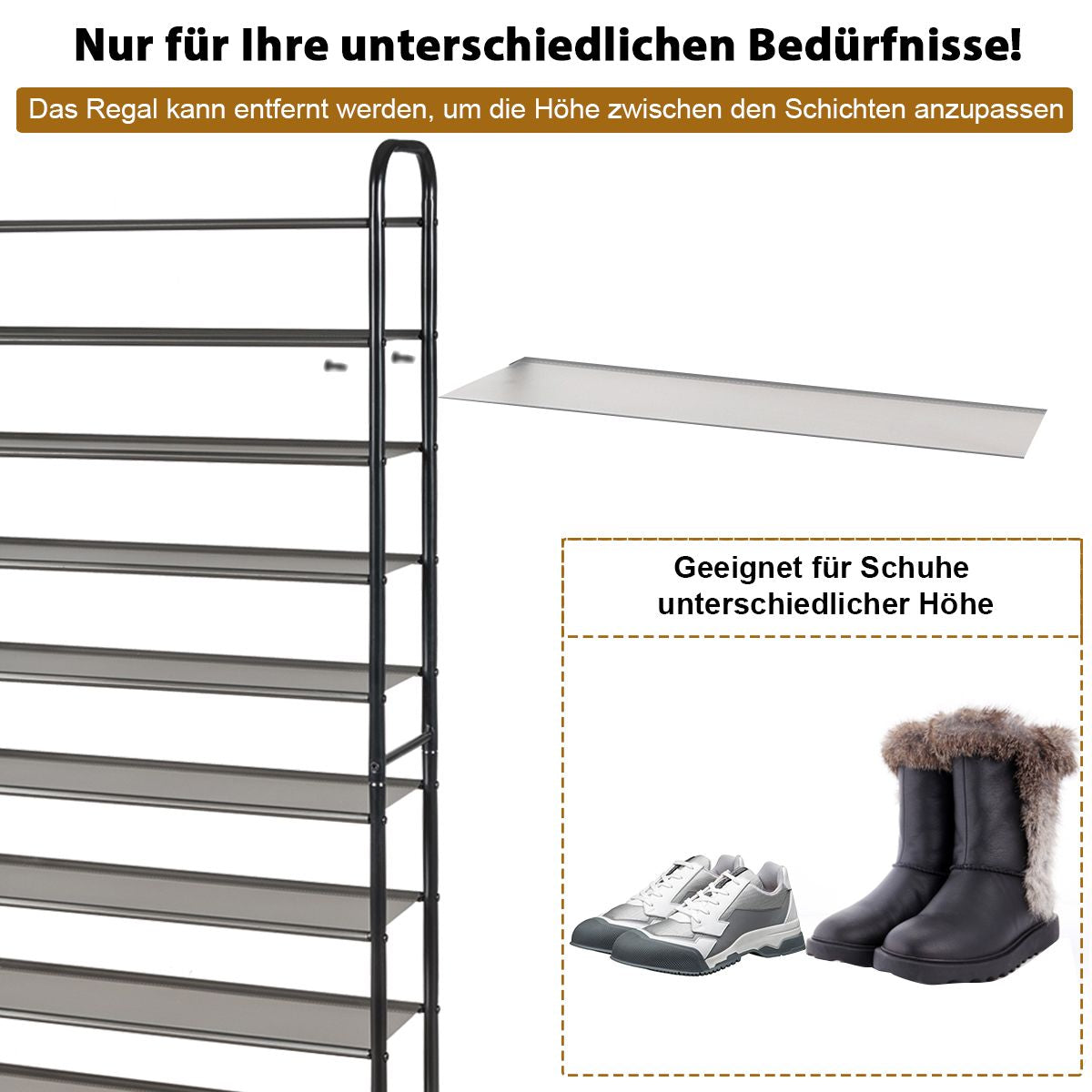 Schuhregal Mit 10 Ebenen & Abnehmbarem Regal & Metallrahmen Platzsparende Schuhablage Schwarz