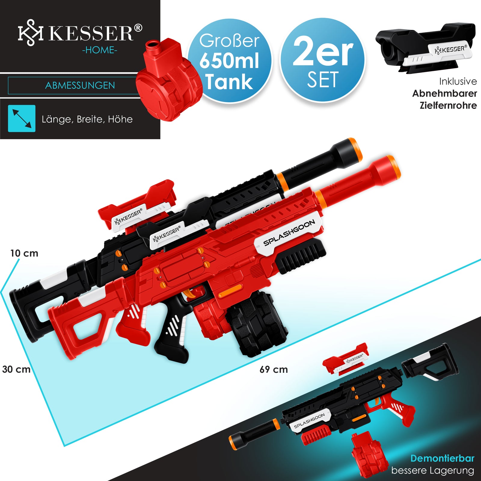 KESSER® 2X Wasserpistole Inkl. Zielfernrohr Wasser Spritzpistole 16M, 1,65L Tank