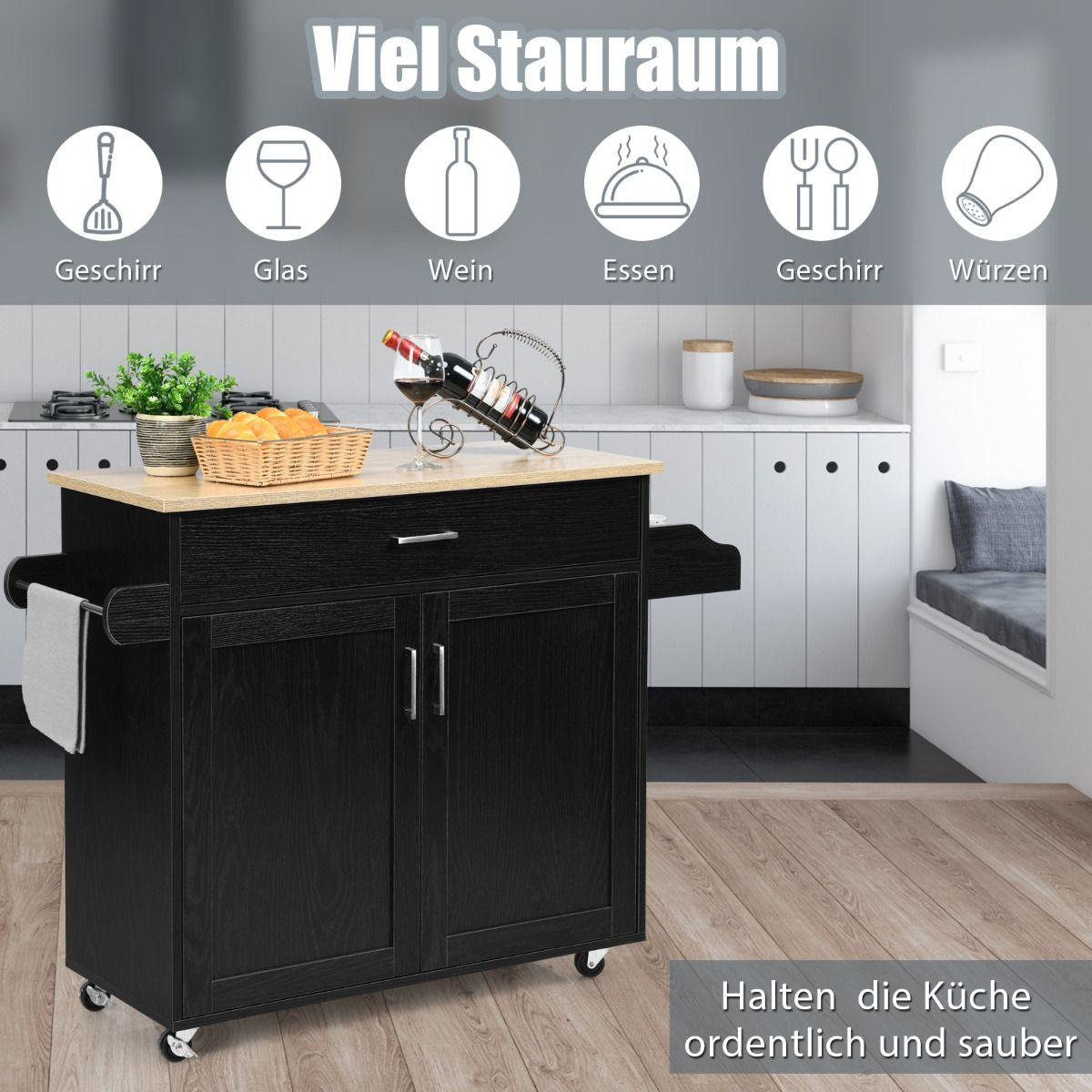 Küchenwagen Mit Handtuchhalter & Gewürzboard & Schublade Kücheninsel Rollbarer Küchenschrank