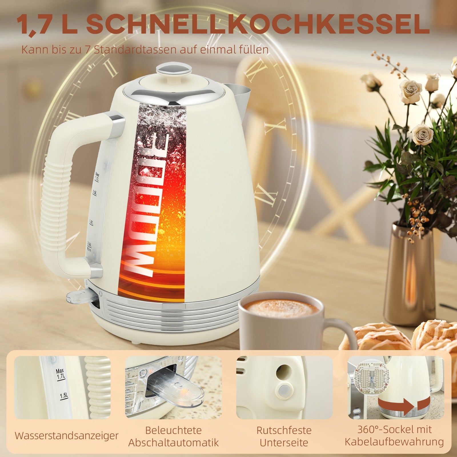 Wasserkocher Toaster Set 2200 W Mit 4 Scheiben Toaster, 1,7L Wasserkocher, Creme