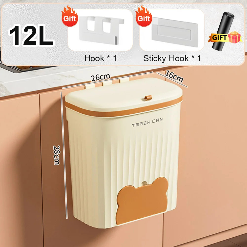 8.5/12L Kitchen Wastebasket Wall Mounted Trash Can with Lid Bathroom Trash Bin Garbage Can for Cabinet under Sink Recycling Bin