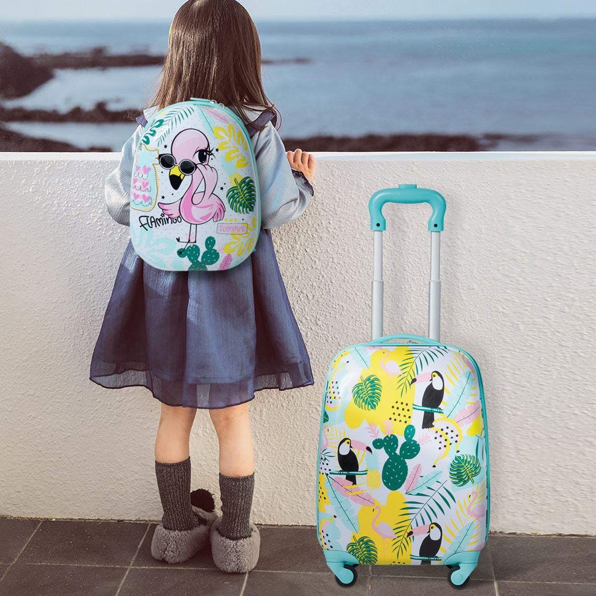 2 Tlg Kindergepäck Flamingosblid Reisekoffer Kinderkoffer + Rucksack Blau