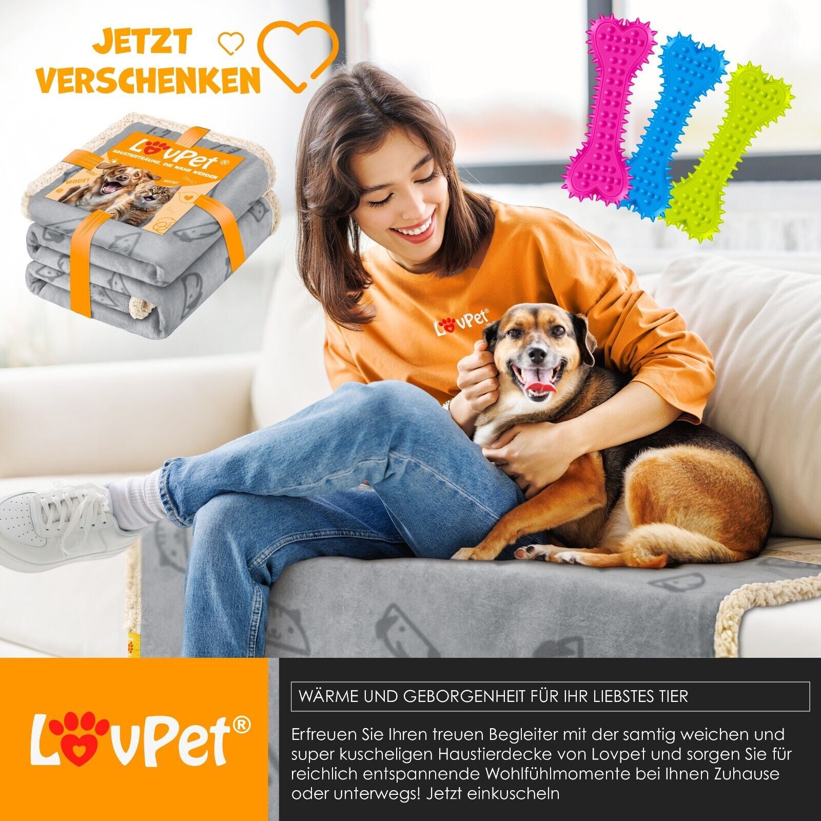 LOVPET® Hunde Decke Wasserdicht Haustier Trockenbett Fleece, 3X Spielzeugknochen