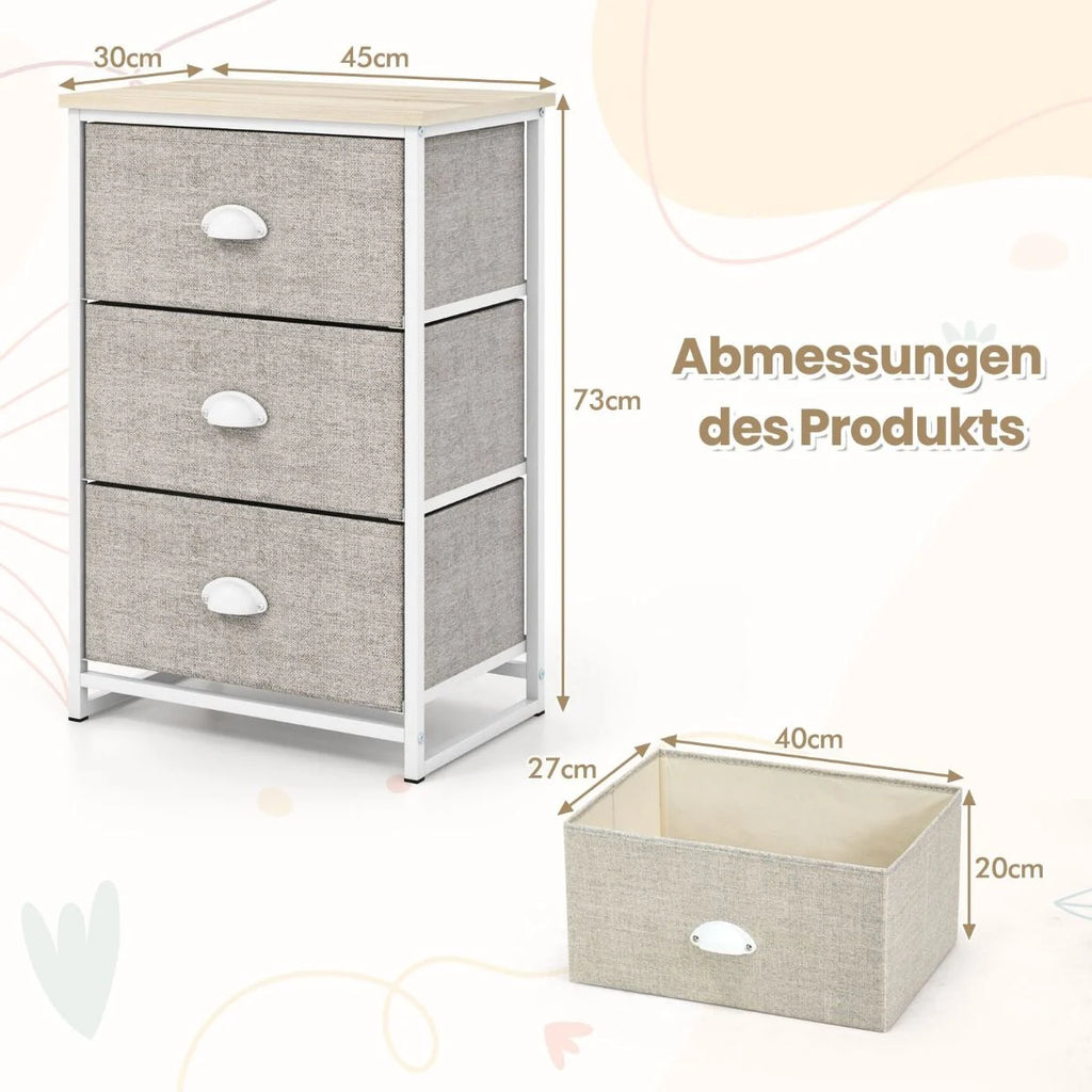 Kommode Mit 3 Schubladen Stoffkommode Mit Metallgestell & Tischplatte 45 X 30 X 73 Cm Weiß + Hellgrau