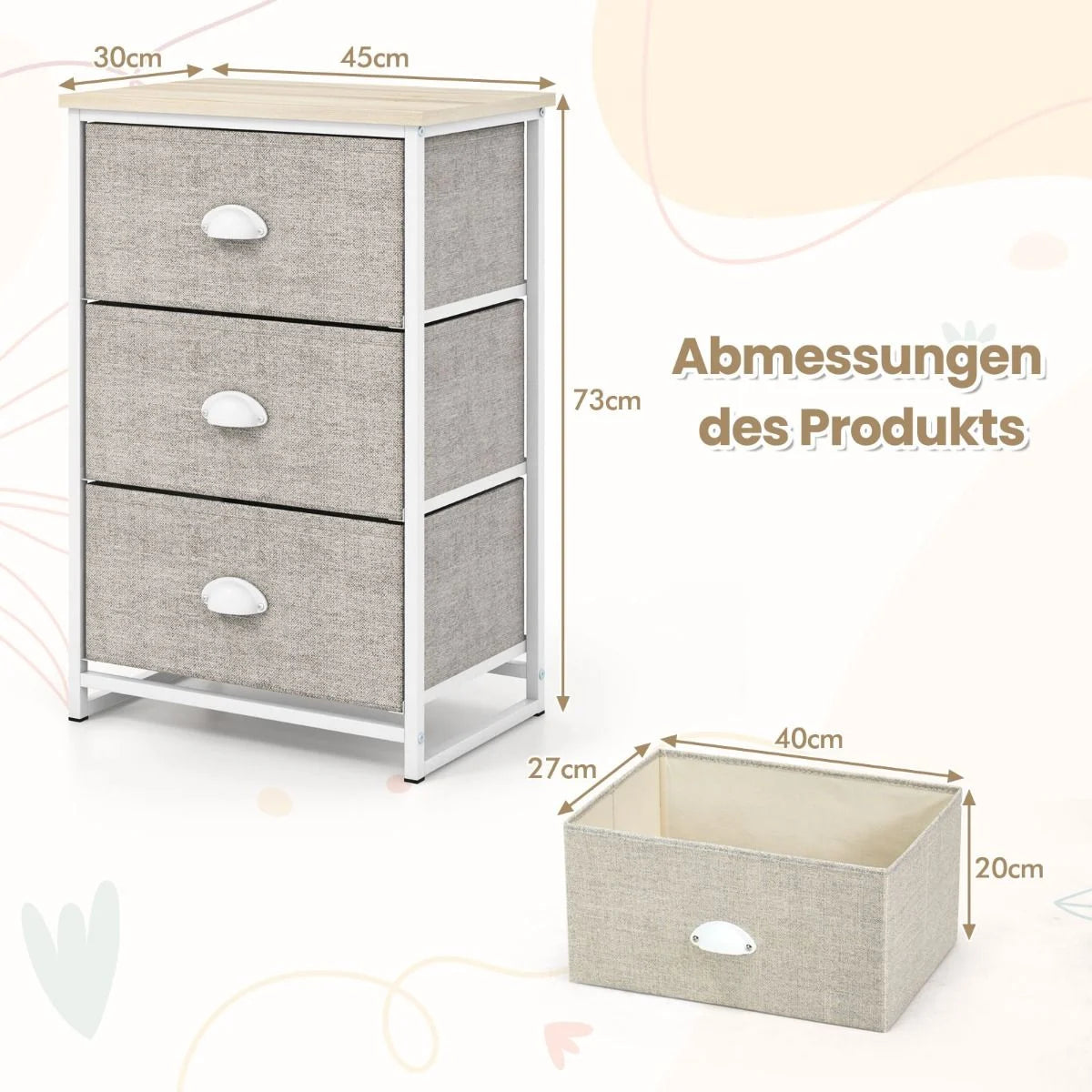 Kommode Mit 3 Schubladen Stoffkommode Mit Metallgestell & Tischplatte 45 X 30 X 73 Cm Weiß + Hellgrau