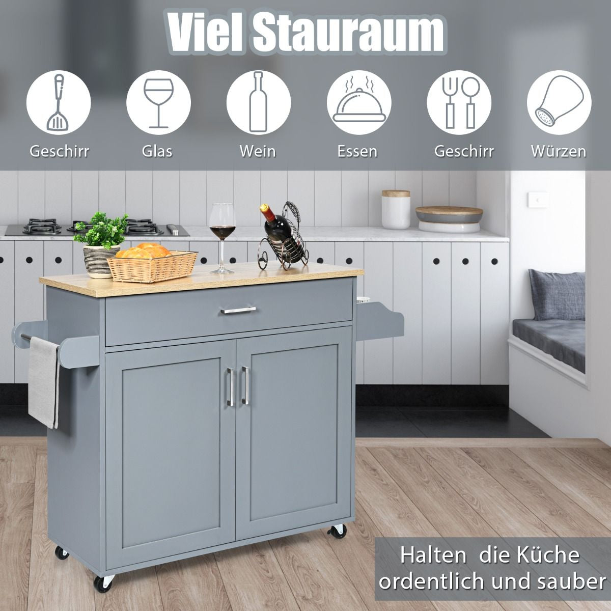 Küchenwagen Mit Handtuchhalter & Gewürzboard & Schublade Kücheninsel Rollbarer Küchenschrank