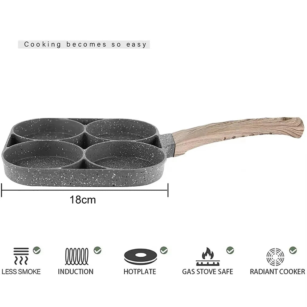 4 Hole Frying Pan Non Stick Breakfast Burger Egg Pancake Maker Wooden Handle Medical Stone Four Hole Omelet Pan
