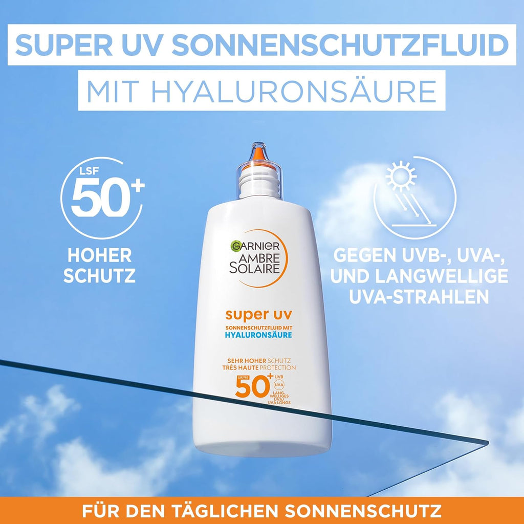 Garnier Ambre Solaire LSF 50+ Super UV Fluid Sonnenschutz, Sonnencreme Mit Hyaluronsäure, Ultraleichte & Mattierende Formel Für Das Gesicht, Unsichtbar, Schutz Vor Sonnenbrand & Pigmentflecken, 40Ml