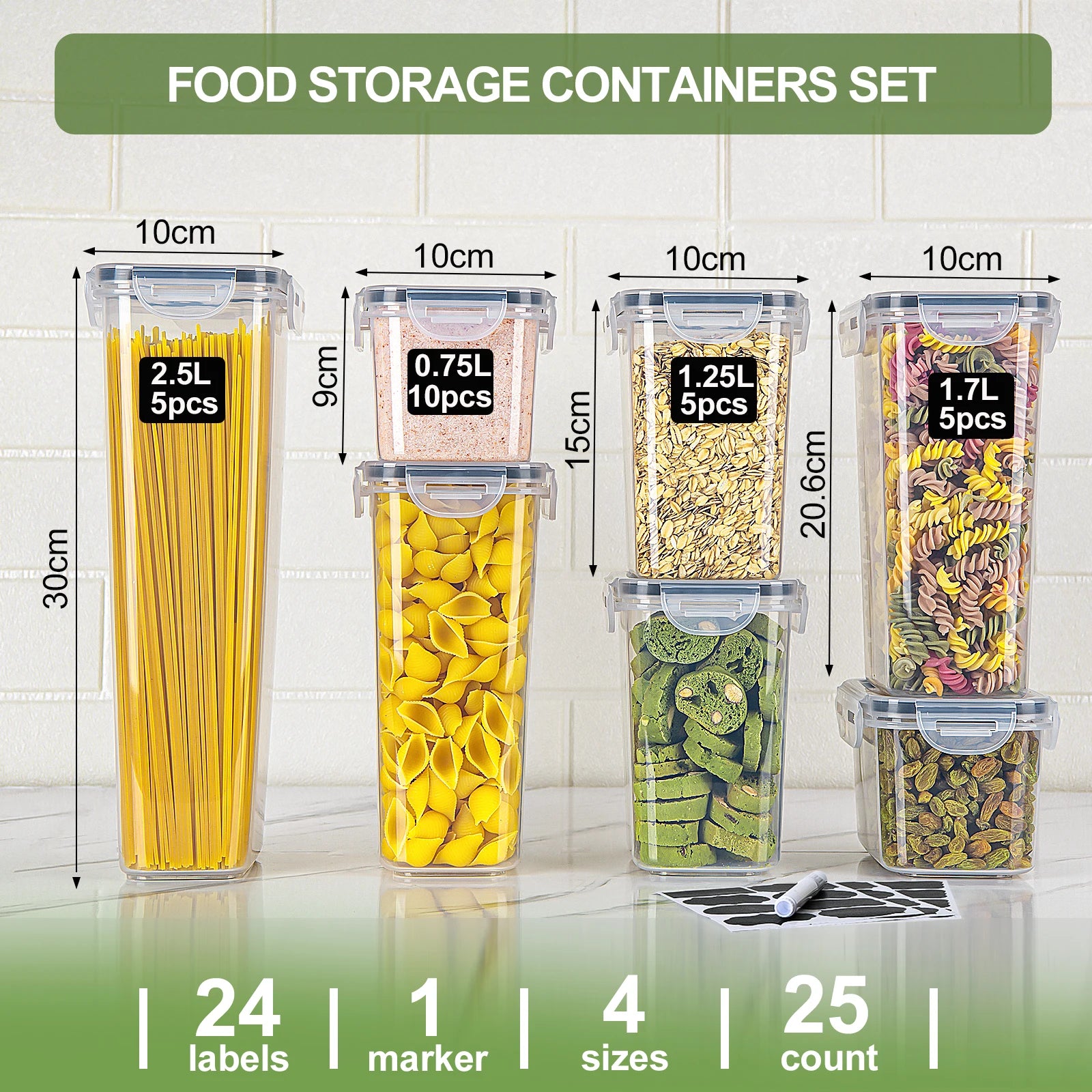 Food Storage Containers with Lids Airtight 25-Piece Set – Bpa-Free Kitchen Storage Boxes for Flour, Cereal, Sugar, Spaghetti & P