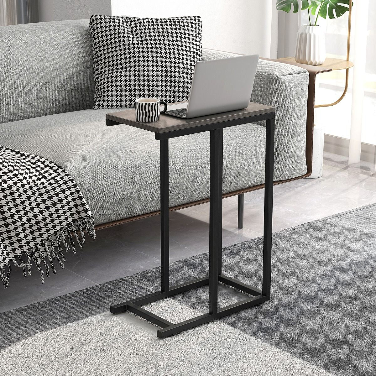 Beistelltisch C-Form Sofatisch Mit Metallgestell Kaffeetisch Für Wohnzimmer Rustikales Braun/Grau/Schwarz
