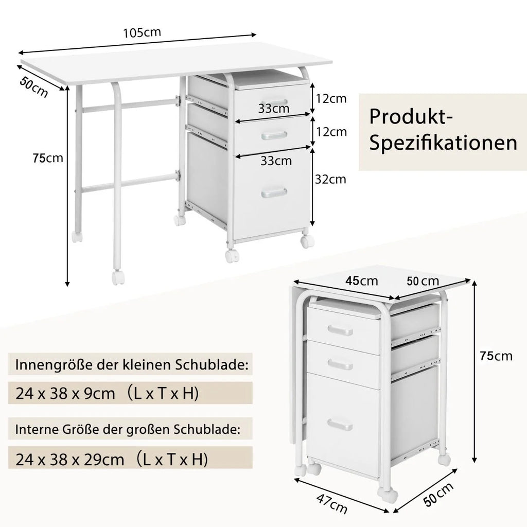 Klappbarer Computertisch Mit 3 Schubladen & Rollen Platzsparender Schreibtisch Bürotisch