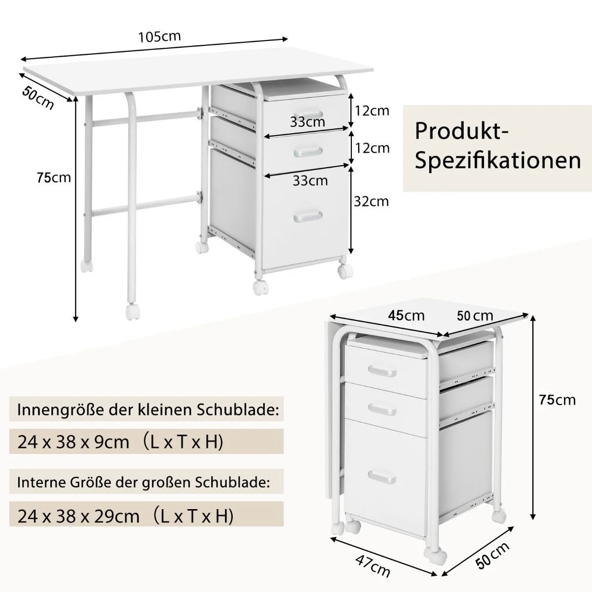 Klappbarer Computertisch Mit 3 Schubladen & Rollen Platzsparender Schreibtisch Bürotisch