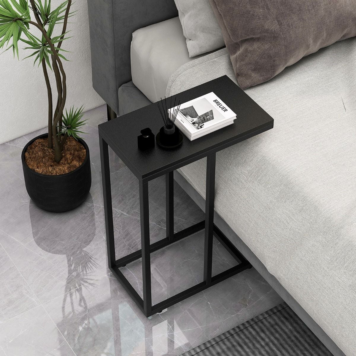 Beistelltisch C-Form Sofatisch Mit Metallgestell Kaffeetisch Für Wohnzimmer Rustikales Braun/Grau/Schwarz