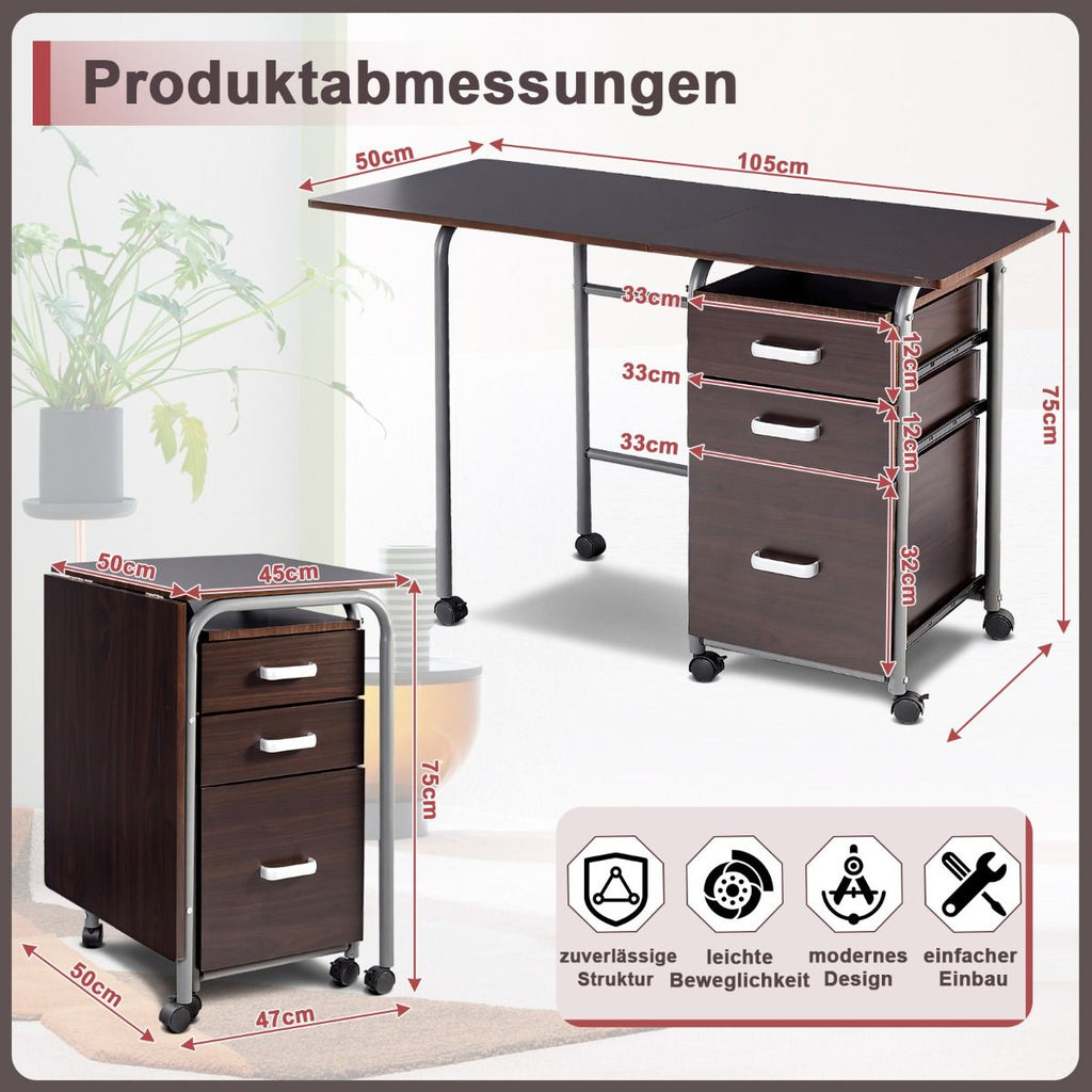 Klappbarer Computertisch Mit 3 Schubladen & Rollen Platzsparender Schreibtisch Bürotisch
