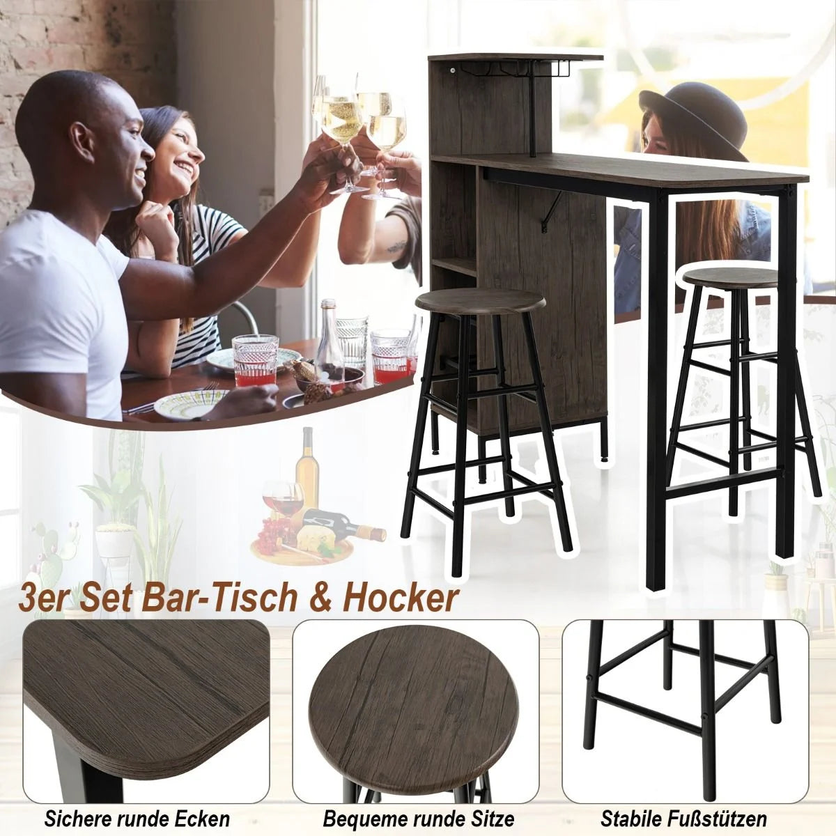 3-Teiliges Bartisch- & Stuhl-Set Esstisch-Set in Thekenhöhe Braun