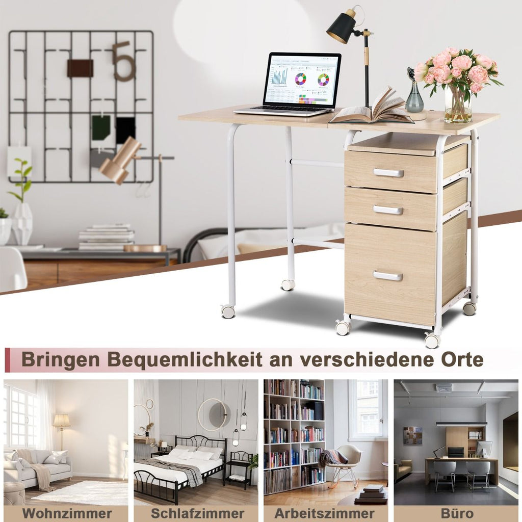 Klappbarer Computertisch Mit 3 Schubladen & Rollen Platzsparender Schreibtisch Bürotisch