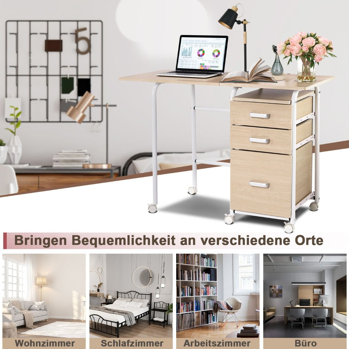 Klappbarer Computertisch Mit 3 Schubladen & Rollen Platzsparender Schreibtisch Bürotisch