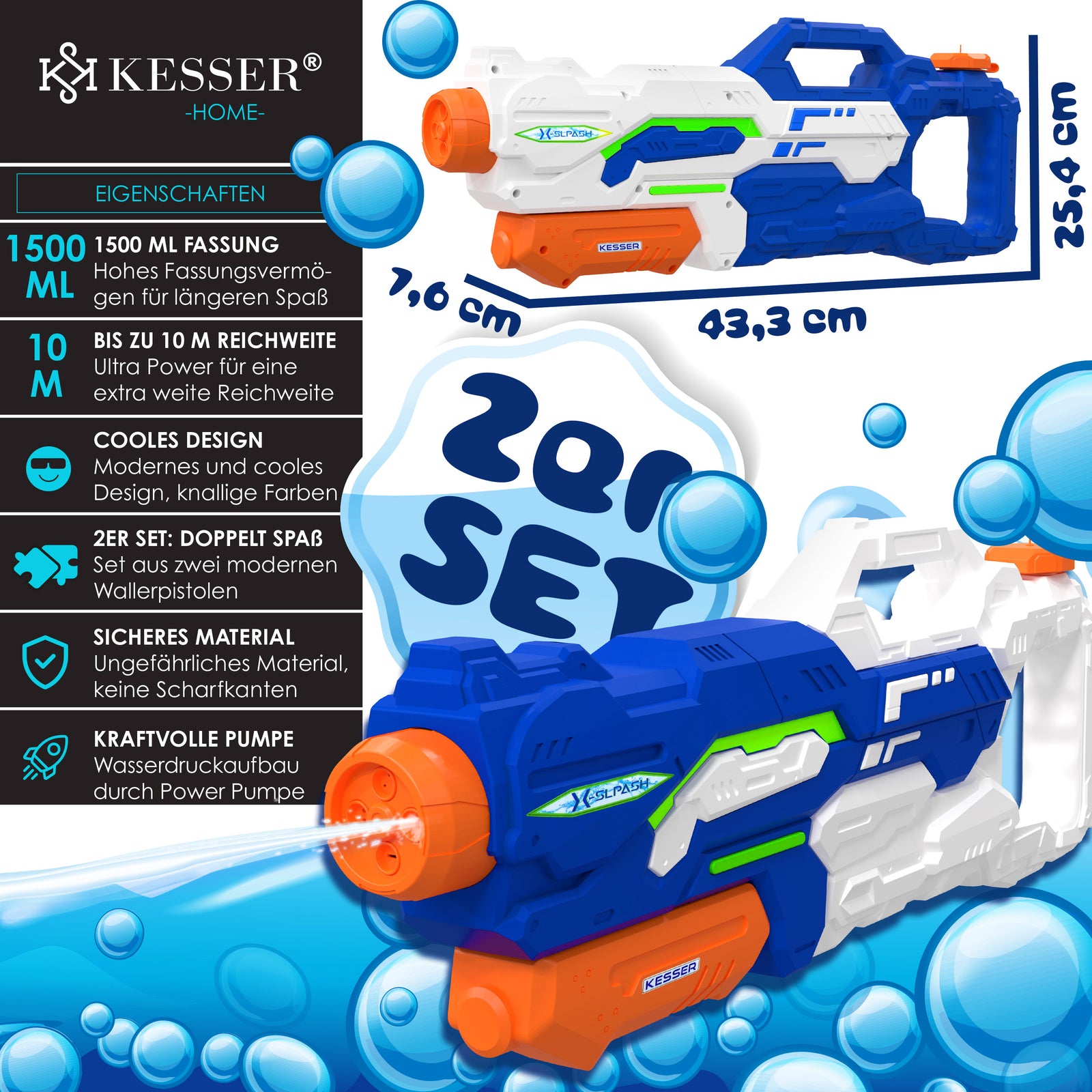 KESSER® Wasserpistole 2Er Set Wasserpistolen Spritzpistolen Reichweite 10-11M