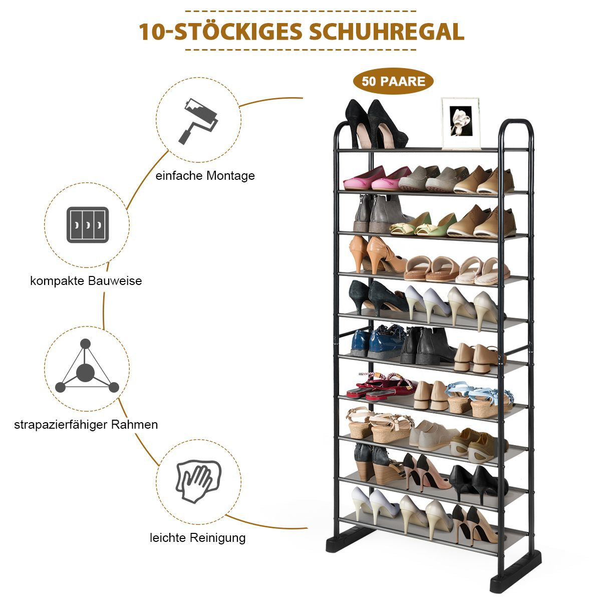 Schuhregal Mit 10 Ebenen & Abnehmbarem Regal & Metallrahmen Platzsparende Schuhablage Schwarz