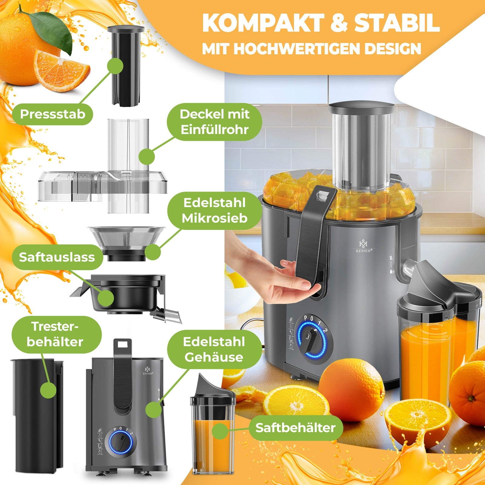 KESSER® Entsafter Saftpresse Edelstahl 1100W 85Mm Presse Obstpresse Saft Juicer