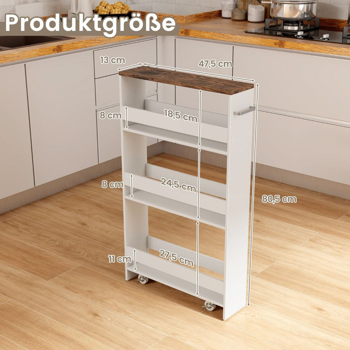 Nischenwagen 13Cm Breit 4 Etagen Küchenwagen Schmal Nischenregal Auf Rollen 48 X 13 X 81 Cm Braun+Weiß