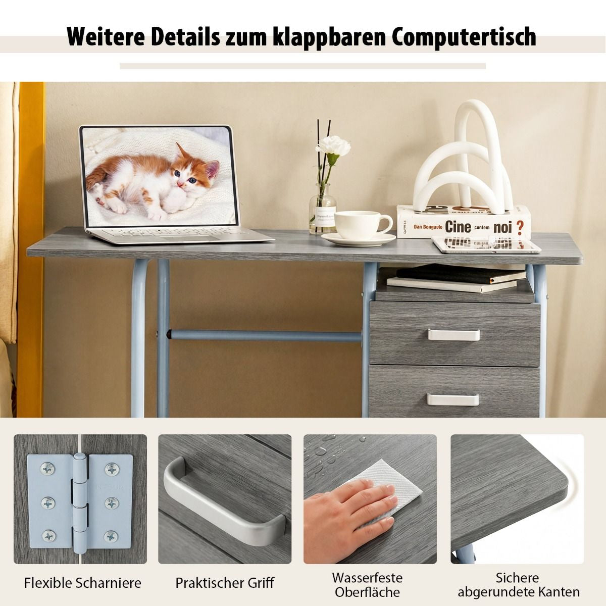 Klappbarer Computertisch Mit 3 Schubladen & Rollen Platzsparender Schreibtisch Bürotisch