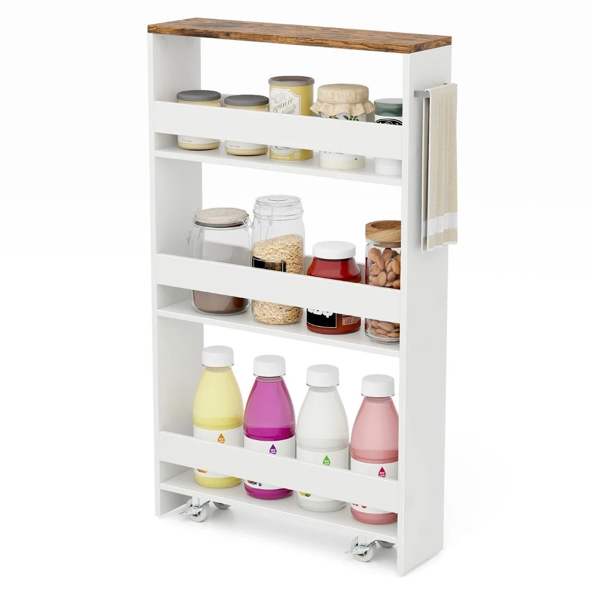 Nischenwagen 13Cm Breit 4 Etagen Küchenwagen Schmal Nischenregal Auf Rollen 48 X 13 X 81 Cm Braun+Weiß