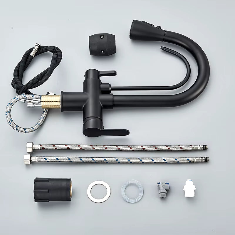 Matte Black Filtered Crane for Kitchen Pull Out Spray 360 Rotation Water Filter Tap Three Ways Sink Mixer Kitchen