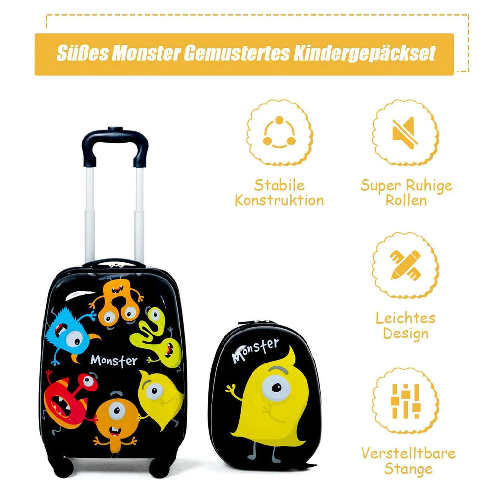 2 Tlg Kindergepäck Monstersbild Reisekoffer Kinderkoffer + Rucksack Schwarz