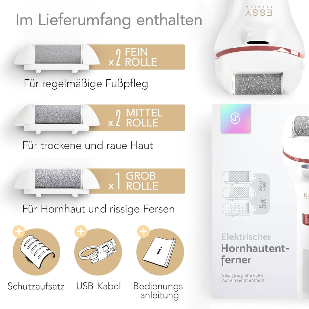 Essy Hornhautentferner Elektrisch Wiederaufladbar Mit 5 Ersatzrollen Für Seidig Weiche Füße, Akku Fußpflege Set Damen Herren Mit Druckschutz, 2 Geschwindigkeiten, Led-Display, Pediküre Set, (Weiß)