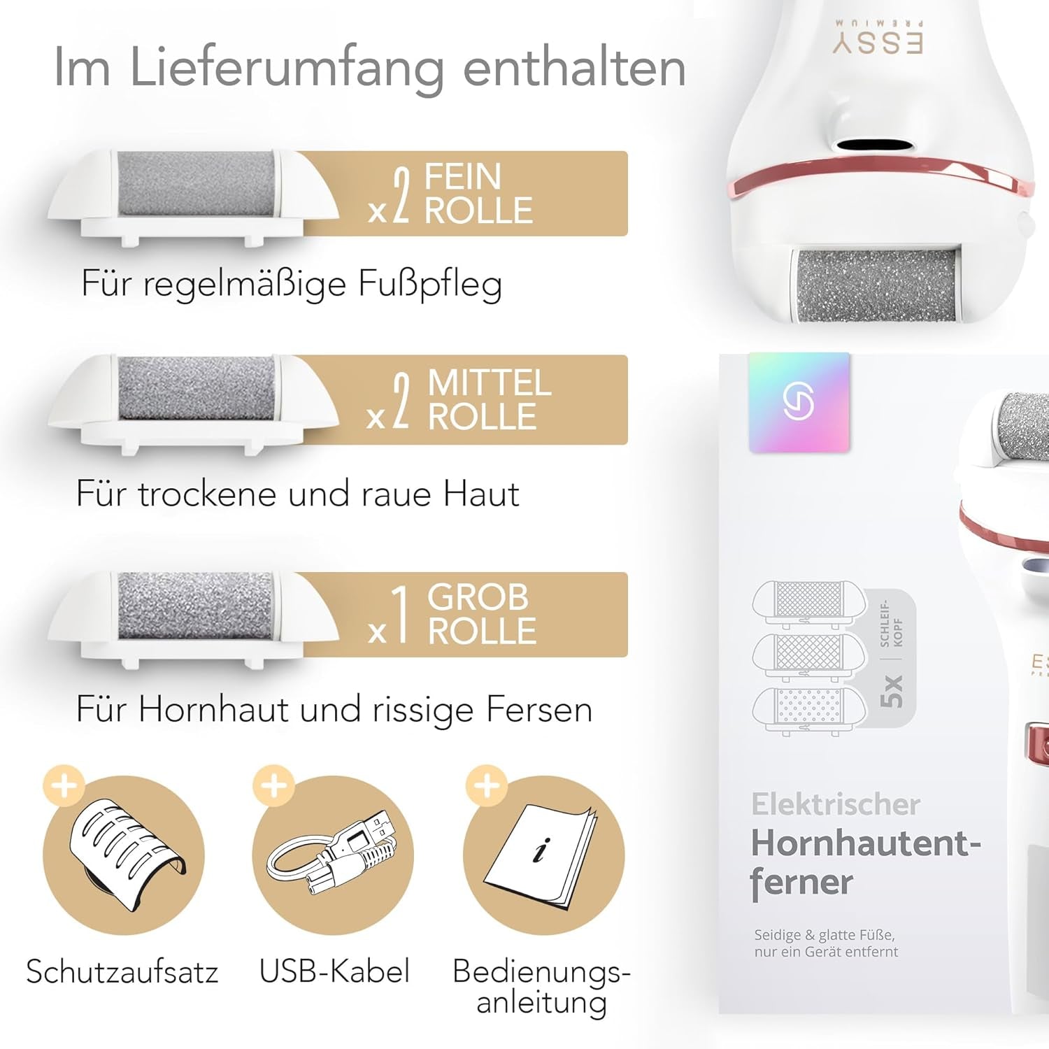 Essy Hornhautentferner Elektrisch Wiederaufladbar Mit 5 Ersatzrollen Für Seidig Weiche Füße, Akku Fußpflege Set Damen Herren Mit Druckschutz, 2 Geschwindigkeiten, Led-Display, Pediküre Set, (Weiß)