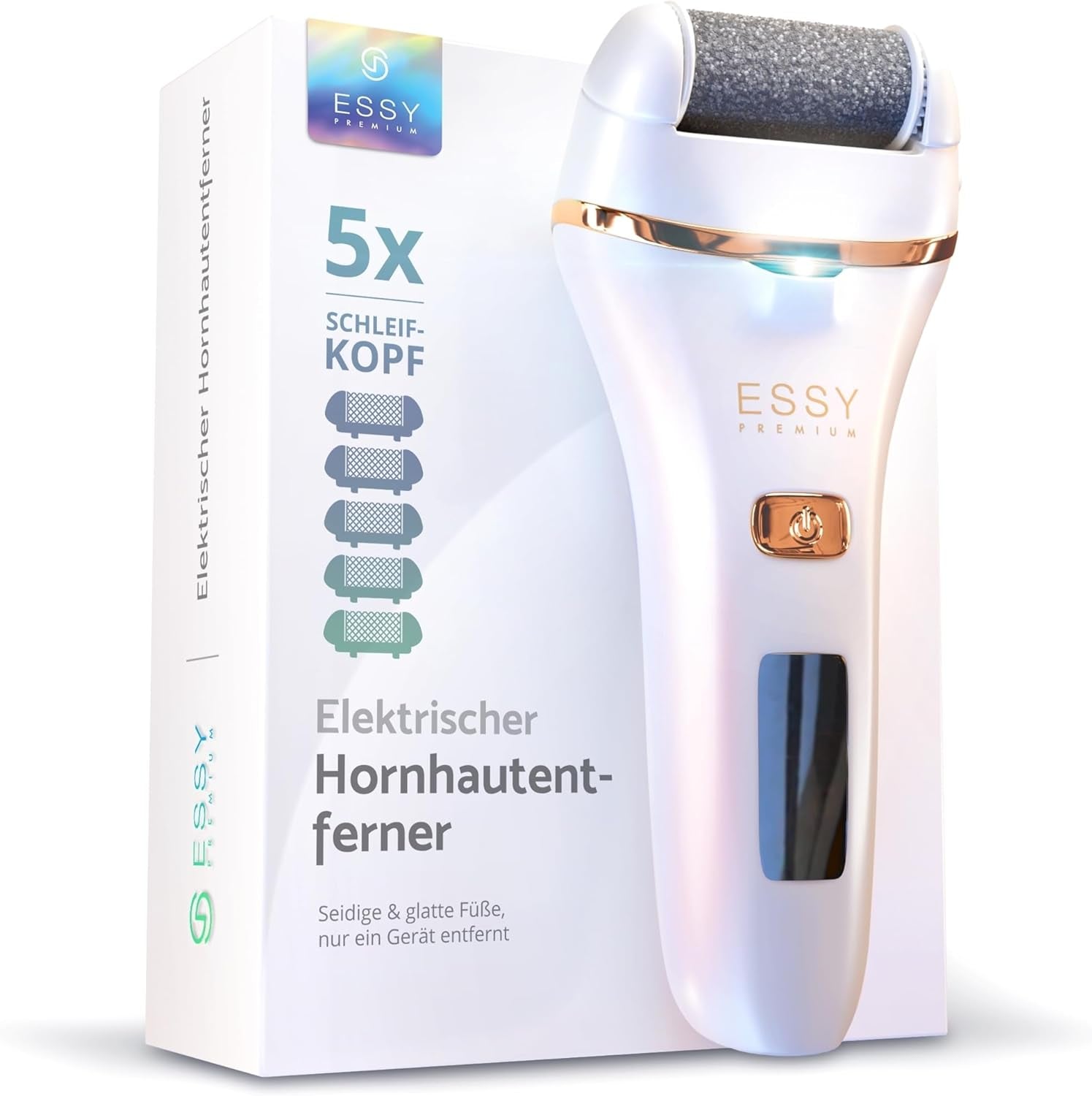 Essy Hornhautentferner Elektrisch Wiederaufladbar Mit 5 Ersatzrollen Für Seidig Weiche Füße, Akku Fußpflege Set Damen Herren Mit Druckschutz, 2 Geschwindigkeiten, Led-Display, Pediküre Set, (Weiß)