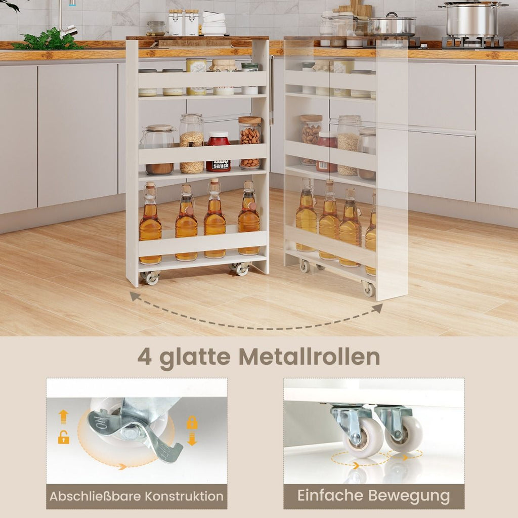 Nischenwagen 13Cm Breit 4 Etagen Küchenwagen Schmal Nischenregal Auf Rollen 48 X 13 X 81 Cm Braun+Weiß