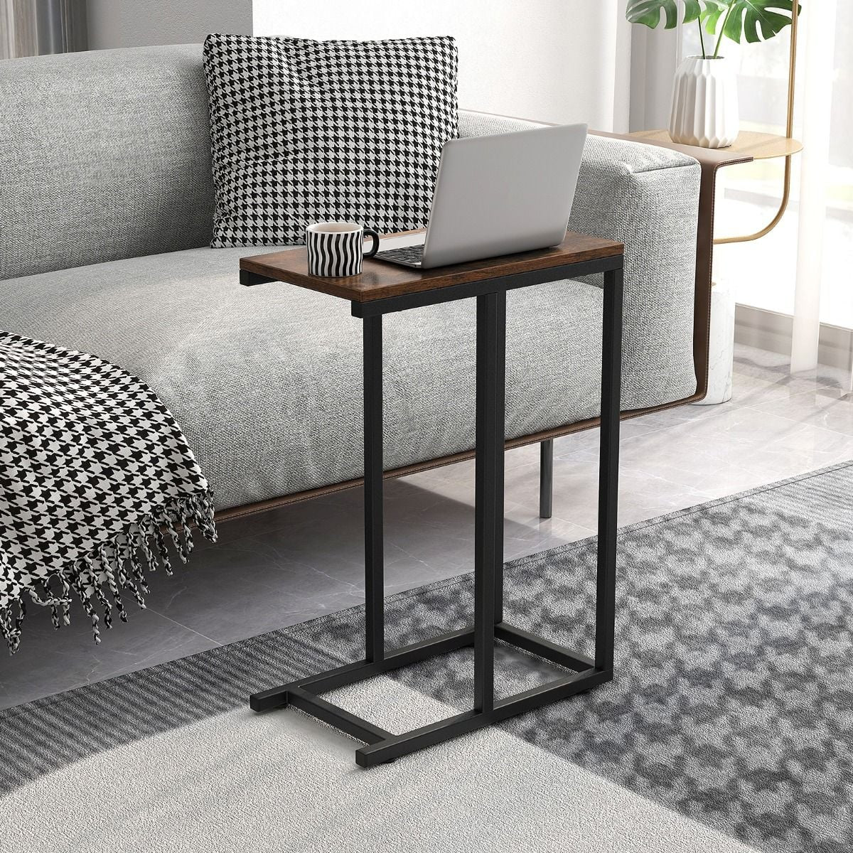 Beistelltisch C-Form Sofatisch Mit Metallgestell Kaffeetisch Für Wohnzimmer Rustikales Braun/Grau/Schwarz