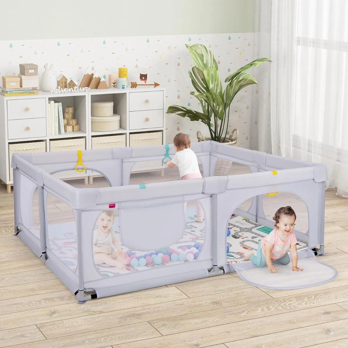 Baby Laufstall Mit Matratze & 50 Spielbällen & 4 Zugringen & 4 Reißverschlusstür Hellgrau