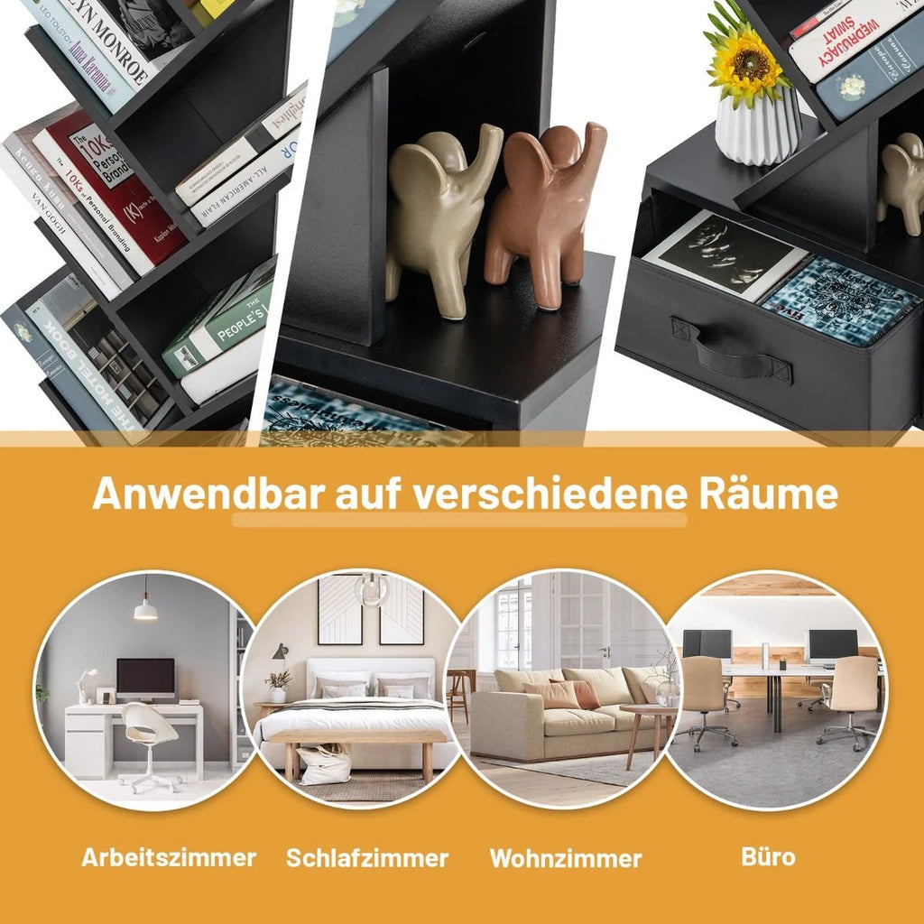 10-Stöckiges Baum-Bücherregal Mit Schublade Bodenstehendes Lagerregal Schwarz