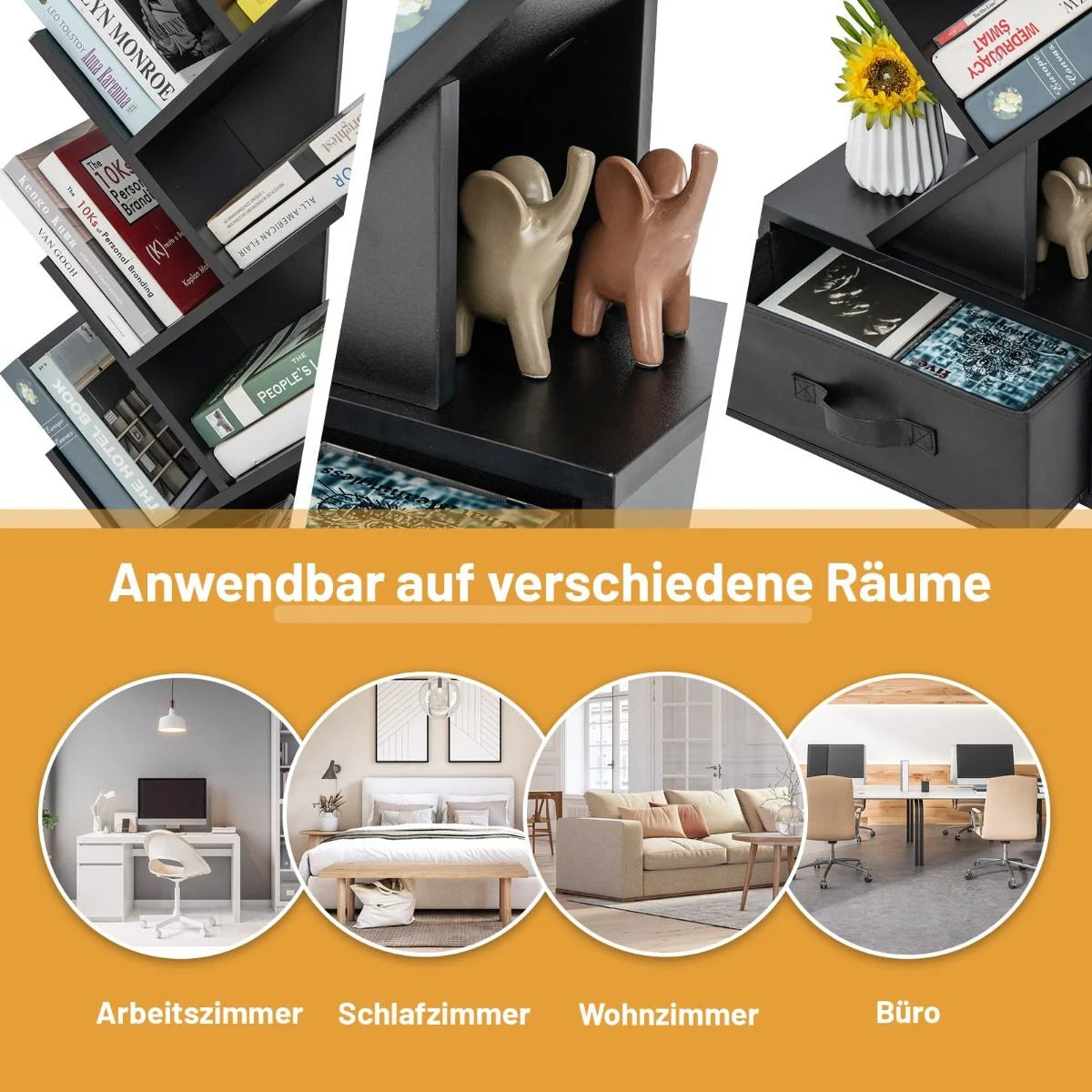 10-Stöckiges Baum-Bücherregal Mit Schublade Bodenstehendes Lagerregal Schwarz