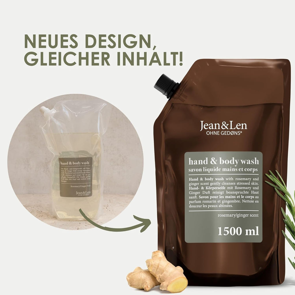 Jean & Len Hand & Body Wash Rosemary Und Ginger Im Nachfüllbeutel, Reinigt Und Pflegt Die Haut, Würzig-Frischer Duft, Flüssigseife Im Nachfüllpack, Ohne Silikone & Parabene, 1,5L