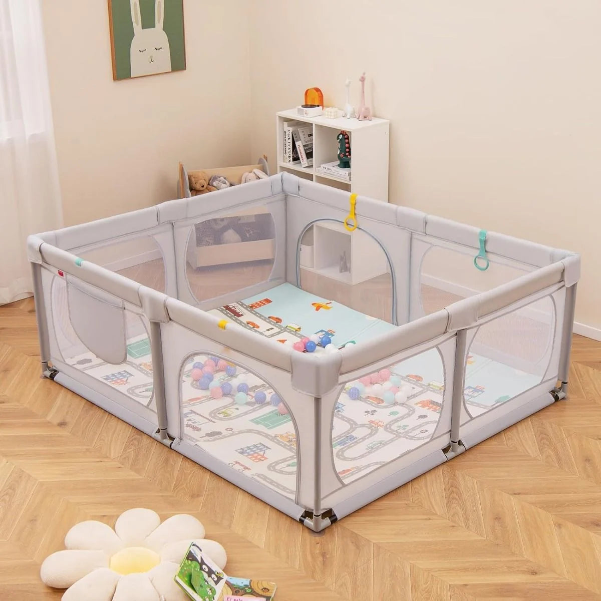 Baby Laufstall Mit Matratze & 50 Spielbällen & 4 Zugringen & 4 Reißverschlusstür Hellgrau
