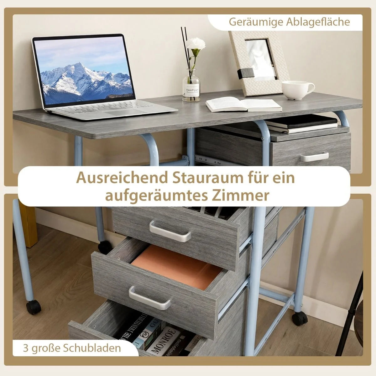 Klappbarer Computertisch Mit 3 Schubladen & Rollen Platzsparender Schreibtisch Bürotisch
