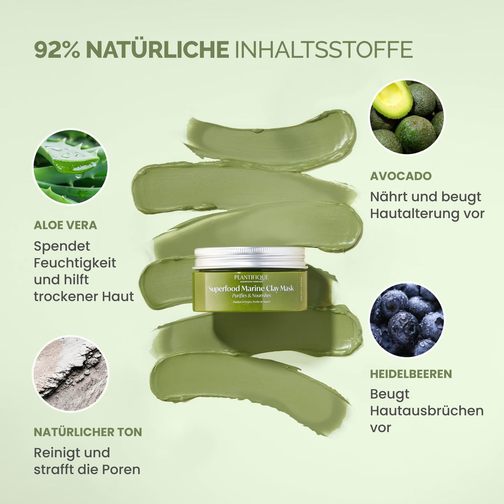 PLANTIFIQUE Koreanische Gesichtsmaske Mit Avocado, Fango & Superfoods 110G - Tonerde Maske Körper Und Gesicht anti Pickel Poren Mitesserentferner - Korean Clay Face & Body Mask