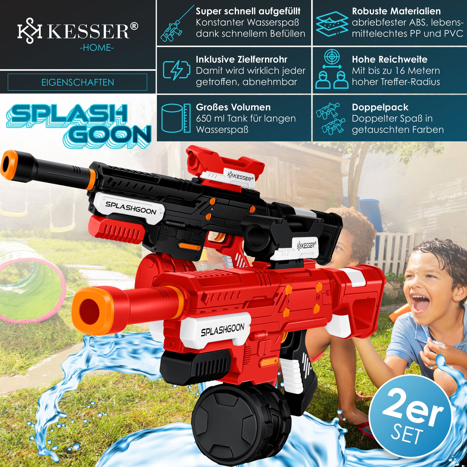 KESSER® 2X Wasserpistole Inkl. Zielfernrohr Wasser Spritzpistole 16M, 1,65L Tank