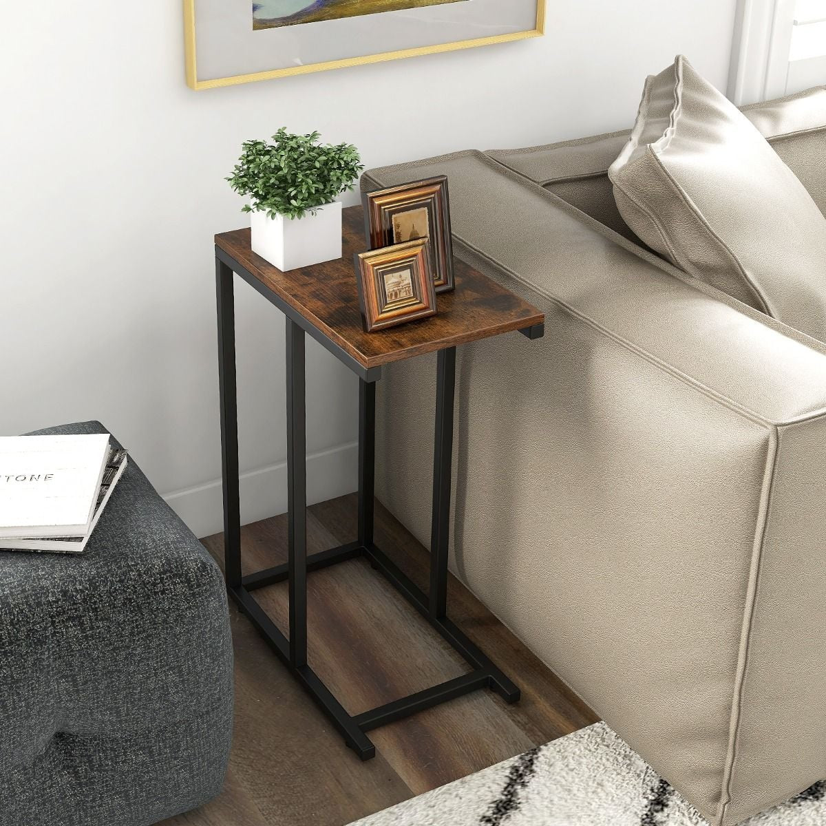 Beistelltisch C-Form Sofatisch Mit Metallgestell Kaffeetisch Für Wohnzimmer Rustikales Braun/Grau/Schwarz
