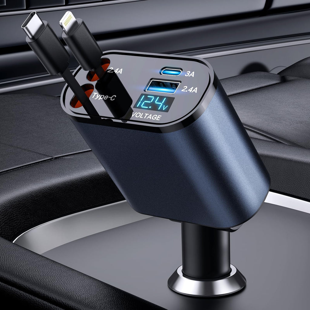 (US Shipping) TIKTOK SHOP Retractable Car Charger, 4 in 1 Fast Car Phone Charger 66W, Retractable Cables and USB Car Charger,Compatible with iPhone 15/14/13/12/11,Galaxy,Pixel