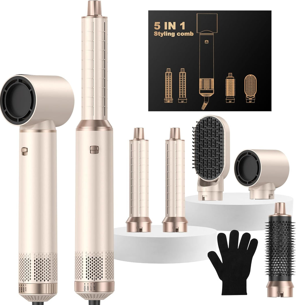 OKWRAP Hair Styler Set Haarstyler Hairstyler 5 in 1 Airstyler Air Curlers Föhn 5 in 1 Mit Rundbürstenföhn Hairdryer Brushes for Styling Föhn Lockenstab Luft Für Glätten, Trocknen, Volumen, Locken