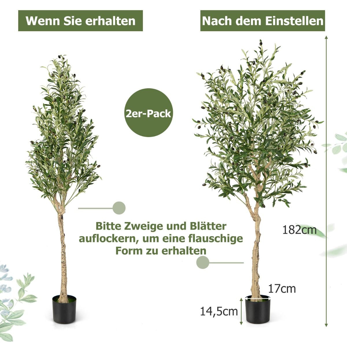 1/2Er Set Künstliche Olivenbäume Mit 1296 Blättern & 72 Früchten Olivenpflanzen 182 Cm