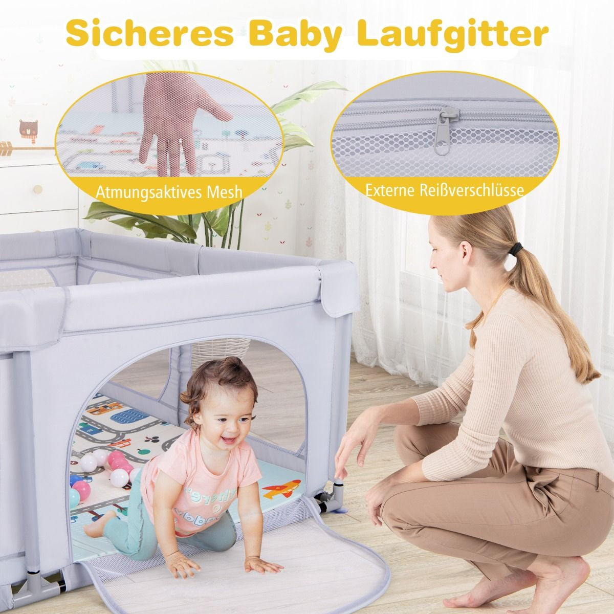 Baby Laufstall Mit Matratze & 50 Spielbällen & 4 Zugringen & 4 Reißverschlusstür Hellgrau