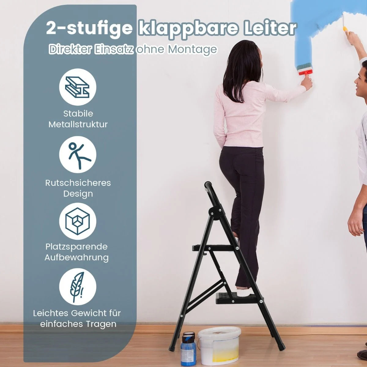 2-Stufige Leiter Klappbarer Tritthocker Mit Gepolstertem Handgriff 47 X 39 X 71 Cm Schwarz