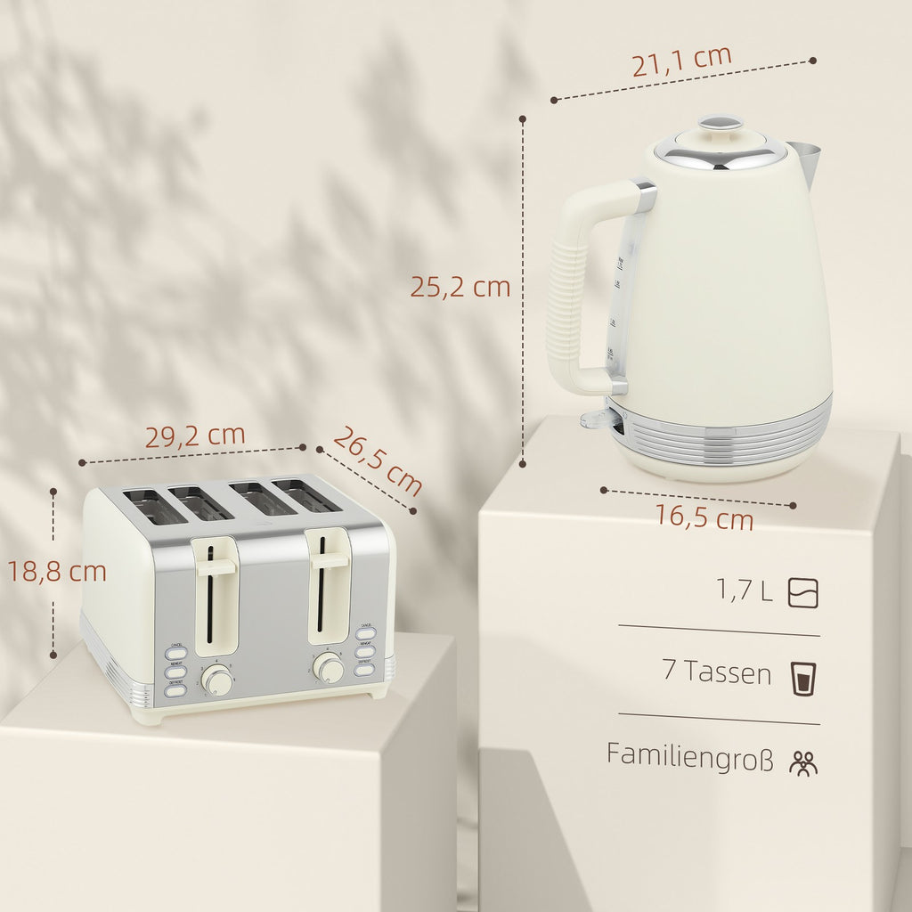 Wasserkocher Toaster Set 2200 W Mit 4 Scheiben Toaster, 1,7L Wasserkocher, Creme